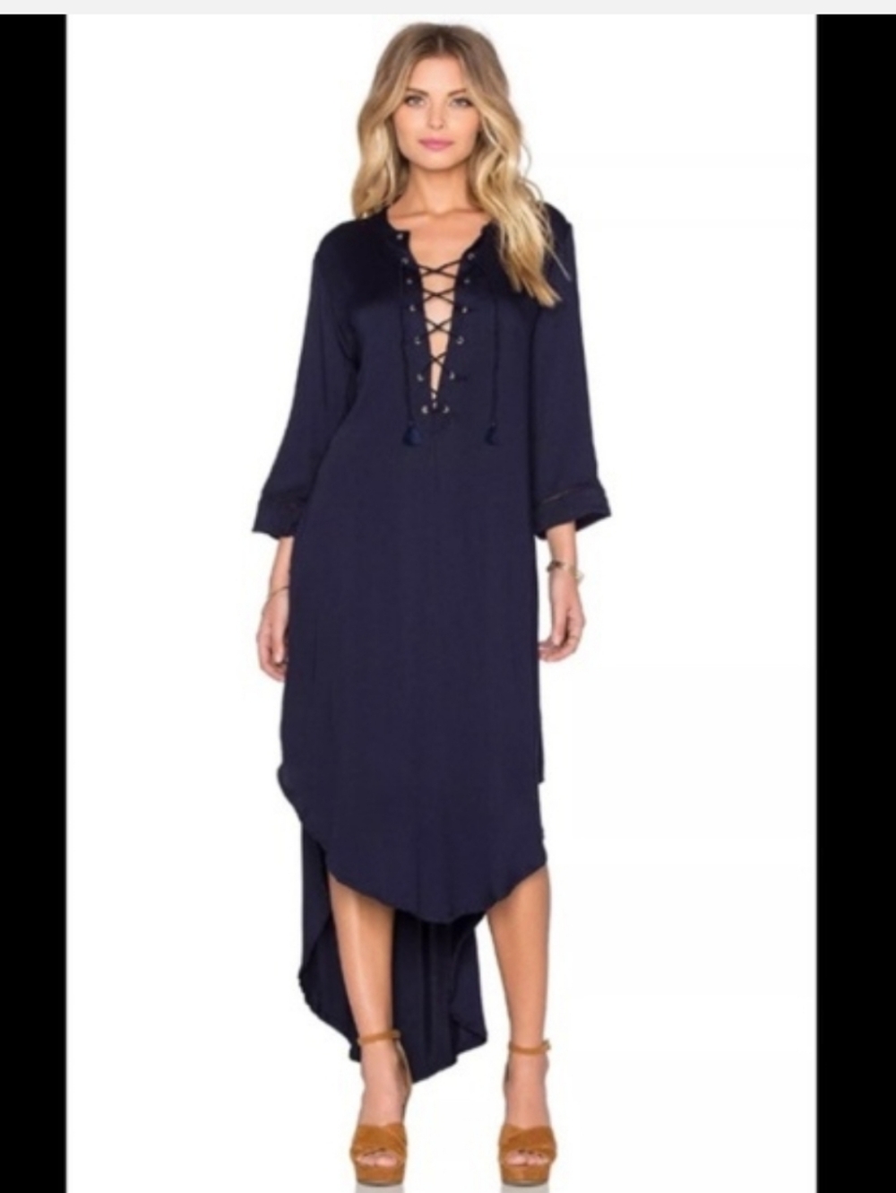 Faithfull The Brand Navy Blue V-neck Hi-Lo Dress, 100% Rayon, Size XS